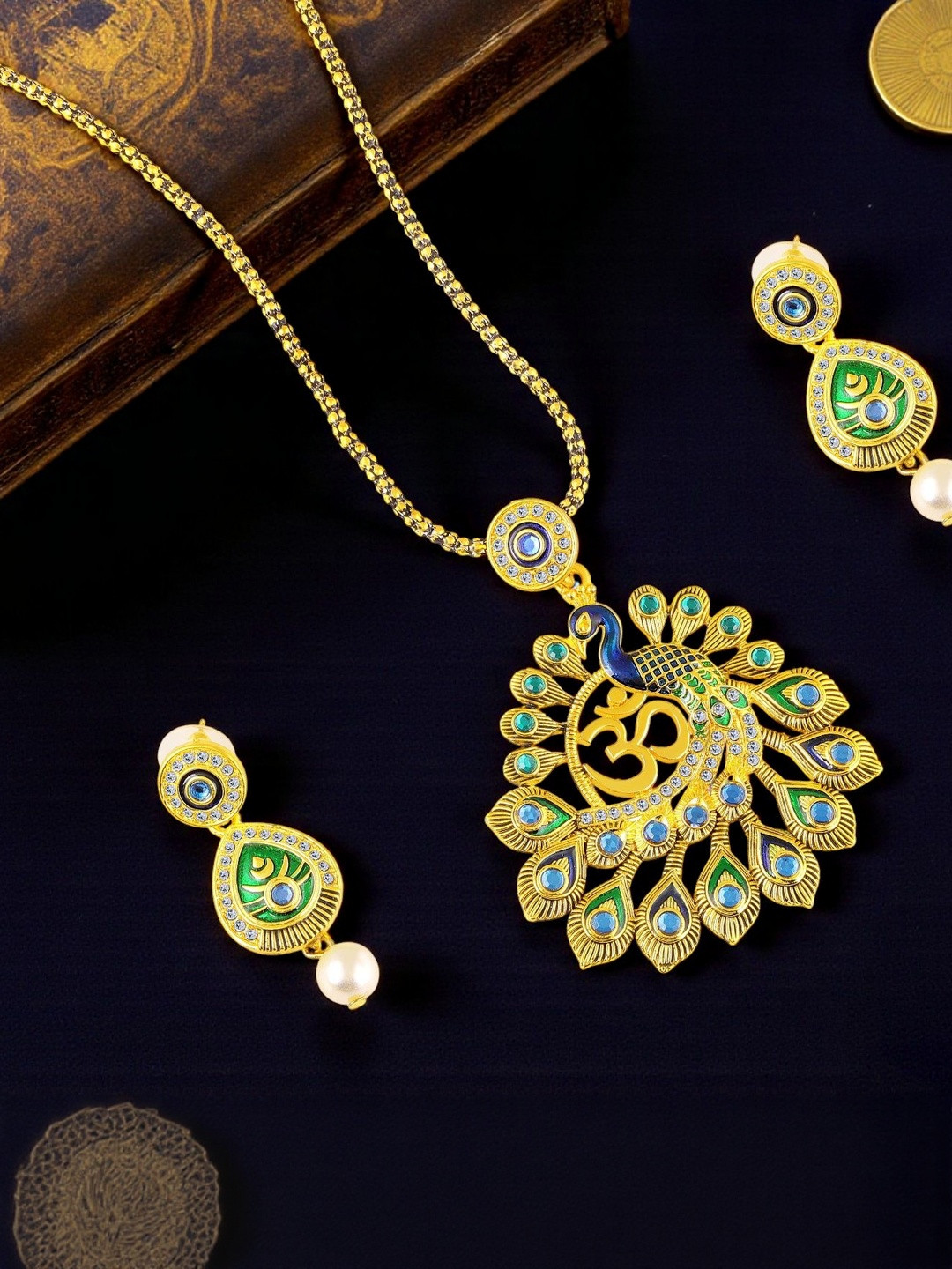 Mahi Gold-Plated Stones-Studded And Pearls Beaded Peacock-Shaped Om Jewellery Set