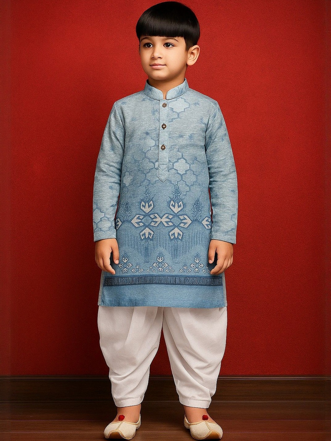 NFC CREATION Boys Blue Cotton Blend Printed Kurta & Patiyala Se