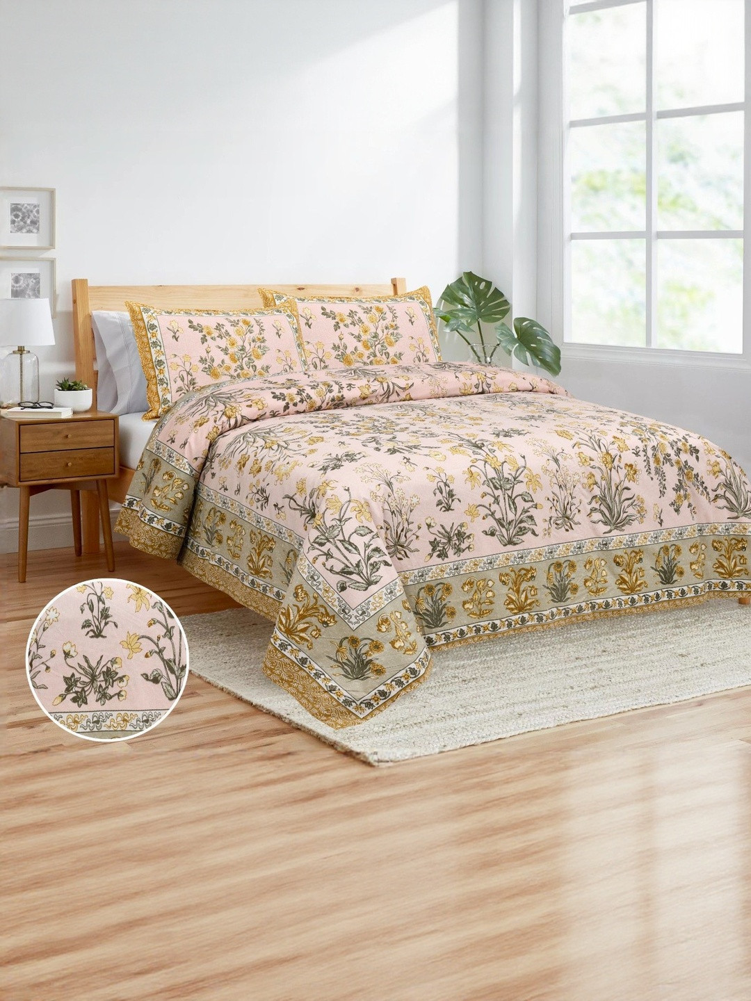 DHANOTA Pink & Yellow Ethnic Motifs 180 TC Cotton Super King Bedsheet with 2 Pillow Covers