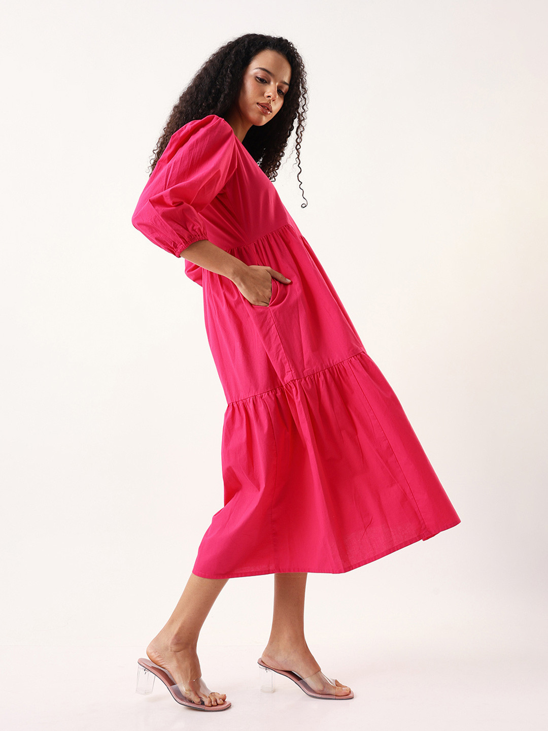 High Star V-Neck Puff Sleeve Fit & Flare Midi Dress