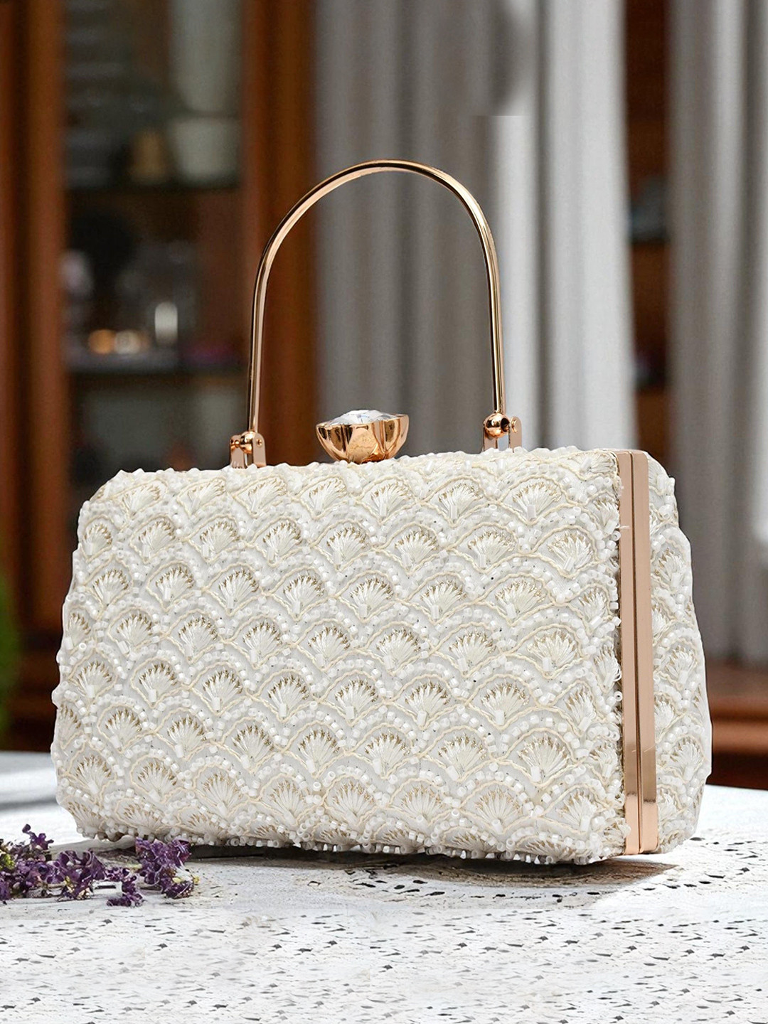FOR THE BEAUTIFUL YOU Embroidered Embellished Shoulder Strap Click Box Clutch