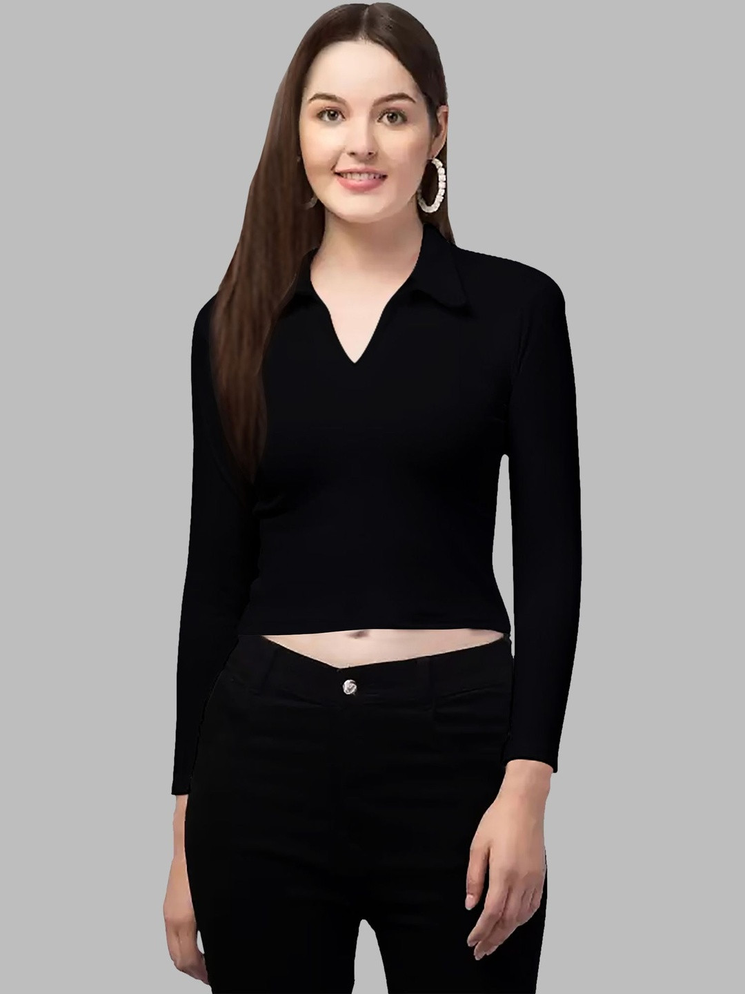 Maheshvi Women Black Ribbed Shirt Collar Crop Top