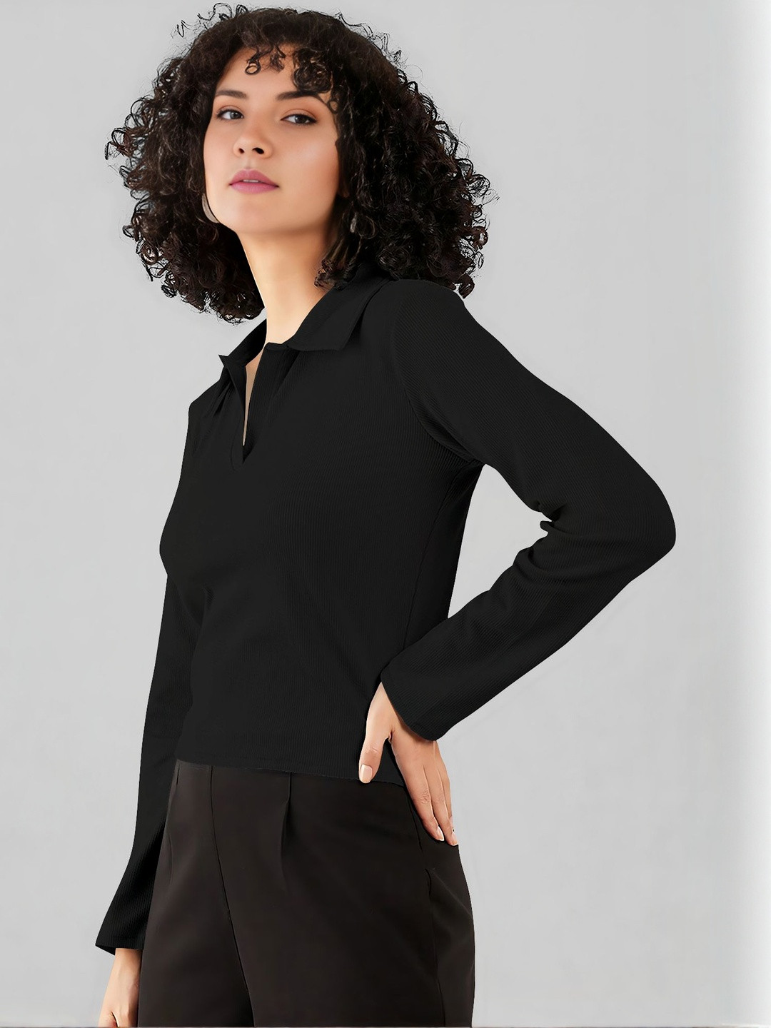 Maheshvi Women Black Ribbed Shirt Collar Top