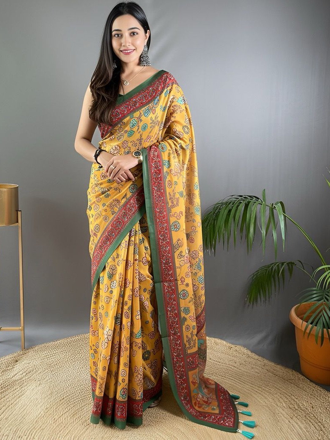 Tasarika Kalamkari Printed Cotton Chander Silk Chanderi Saree  With Blouse Piece