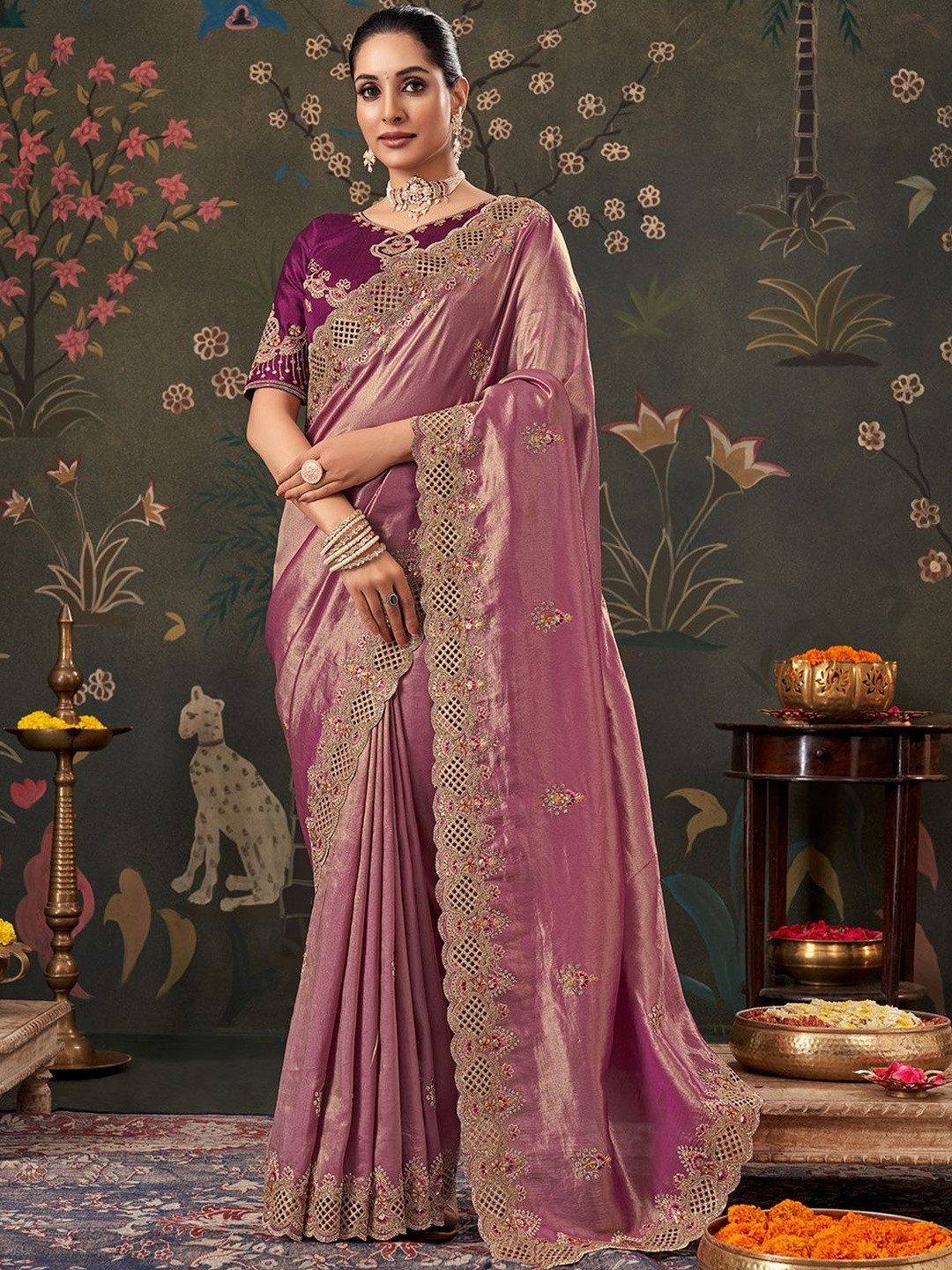 Arron Creats Embellished Embroidered Beads and Stones Tissue Saree
