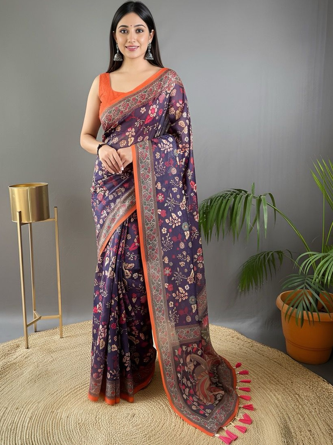 Tasarika Kalamkari Printed Chanderi Cotton Saree With Blouse Piece