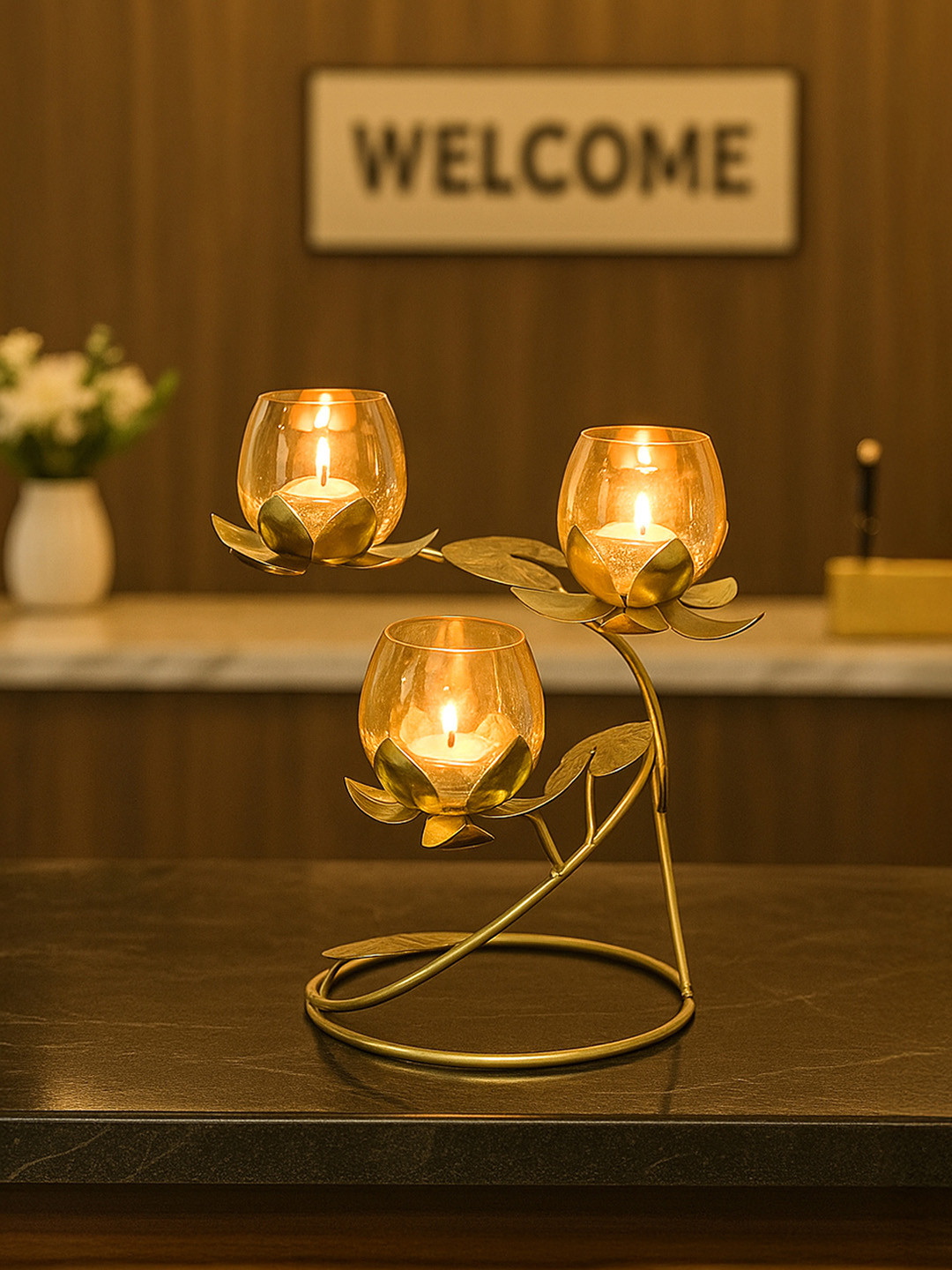 MARKET99 Gold-Toned 3 Lotus Candle Holder