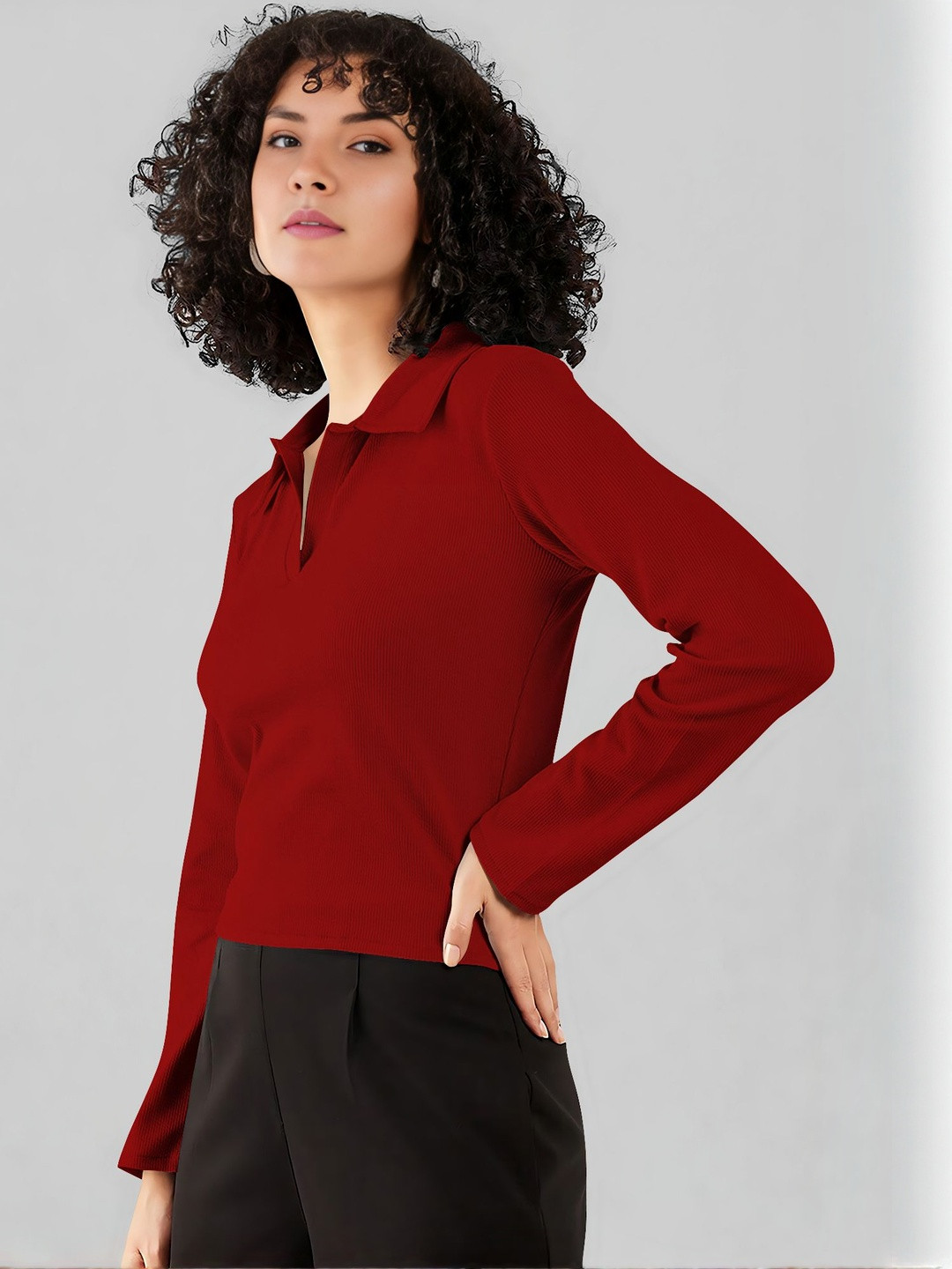 Maheshvi Women Red Ribbed Shirt Collar Fitted Top