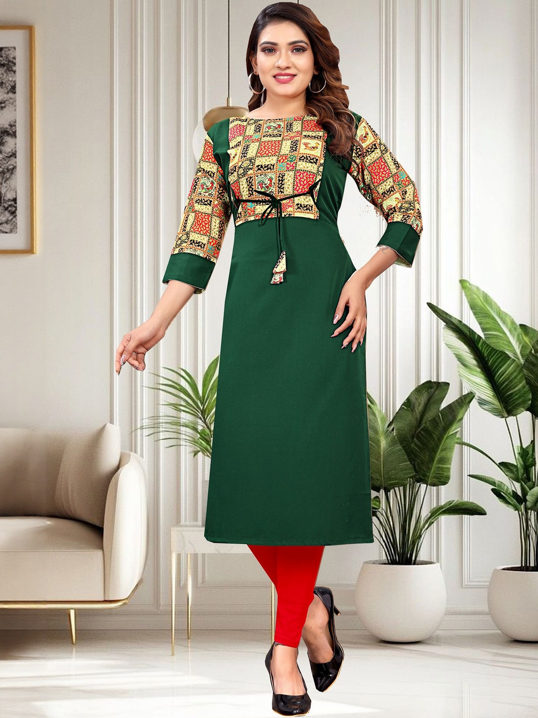 KHANJAN FASHION Ethnic Motifs Printed Three-Quarter Sleeves Straight Kurta