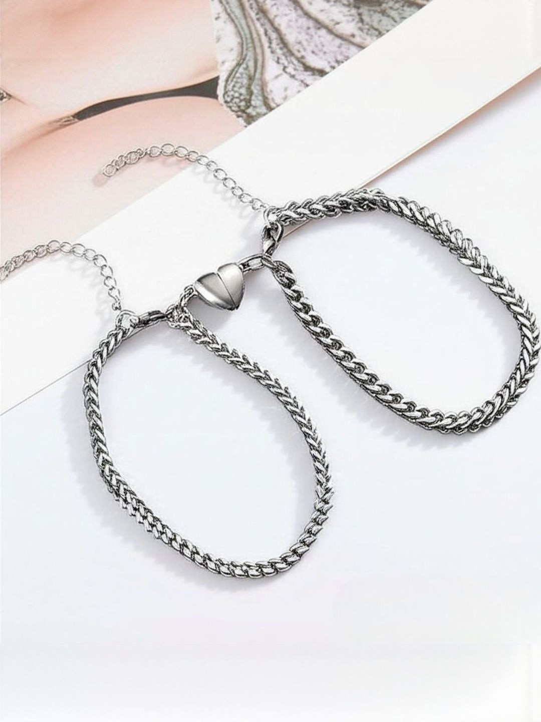 DressBerry Set Of 2 Silver-Plated Mutual Attraction Matching Heart Link Bracelet