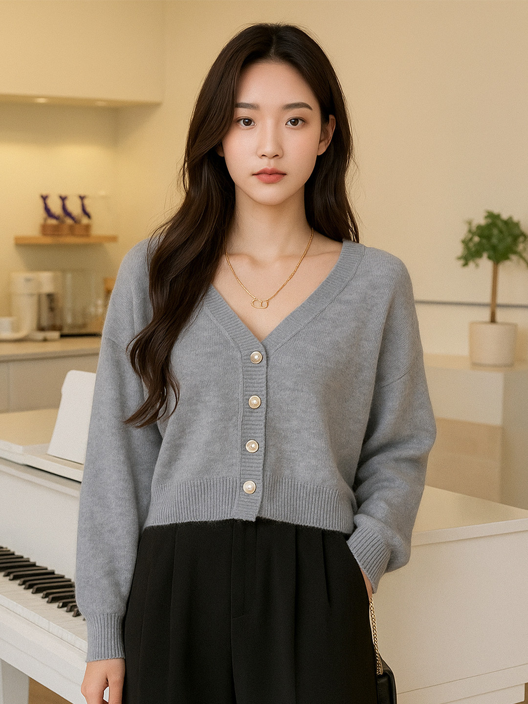 HERE&NOW Women Grey Collarless Long Sleeves Solid Polyester Open Front Cardigan