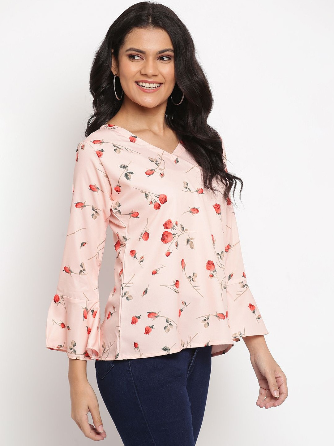 Aumira Women Pink Floral Printed Bell Sleeve Crepe Top with 3/4th Sleeves