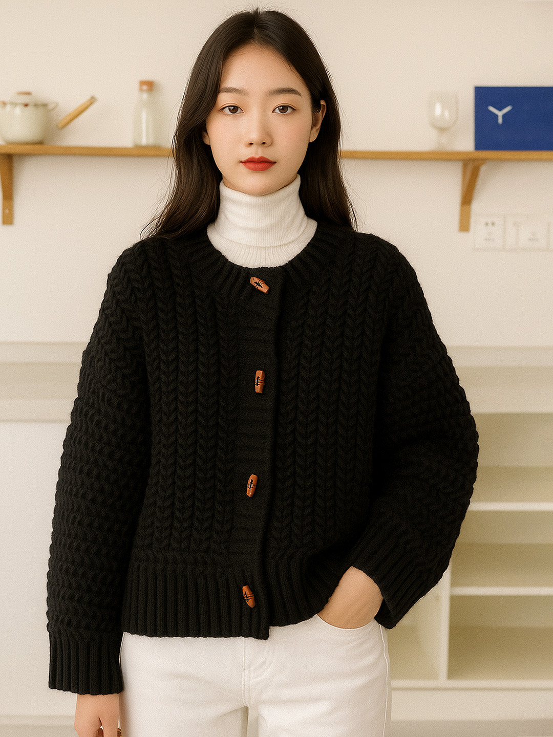 HERE&NOW Women Self Design Collarless Long Sleeves Open Front Cardigan