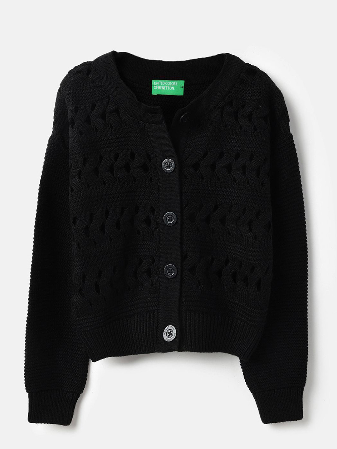 United Colors of Benetton Girls Solid Round Neck Ribbed Cardigan Sweater