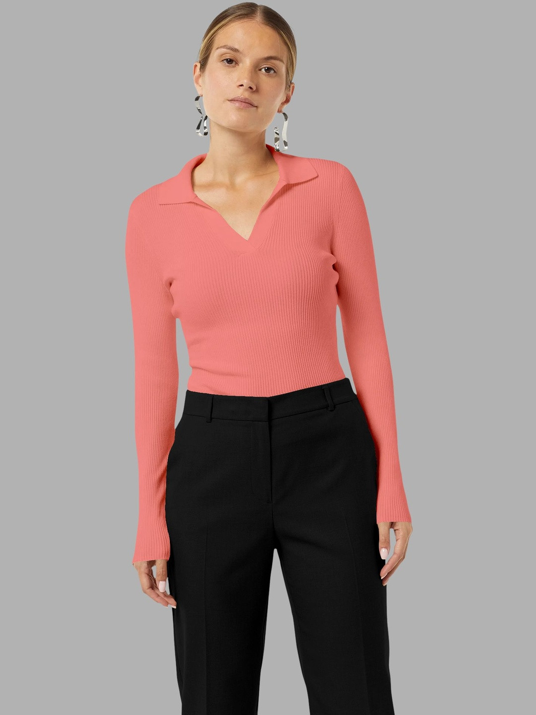 Maheshvi Peach Ribbed Shirt Collar Fitted Top