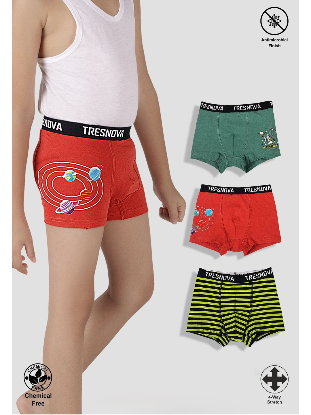 TRESNOVA Boys 3Pcs Printed Anti-Microbial Finish & Smart Waistband Technology Short Trunks