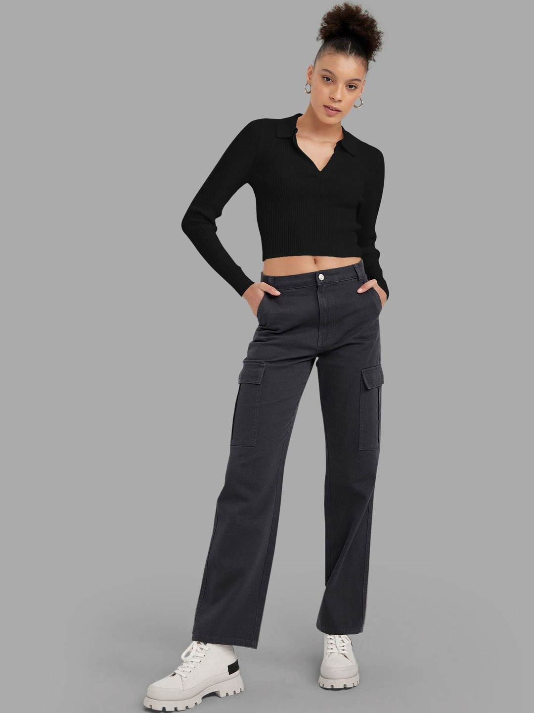 Maheshvi Black Ribbed Shirt Collar Crop Top
