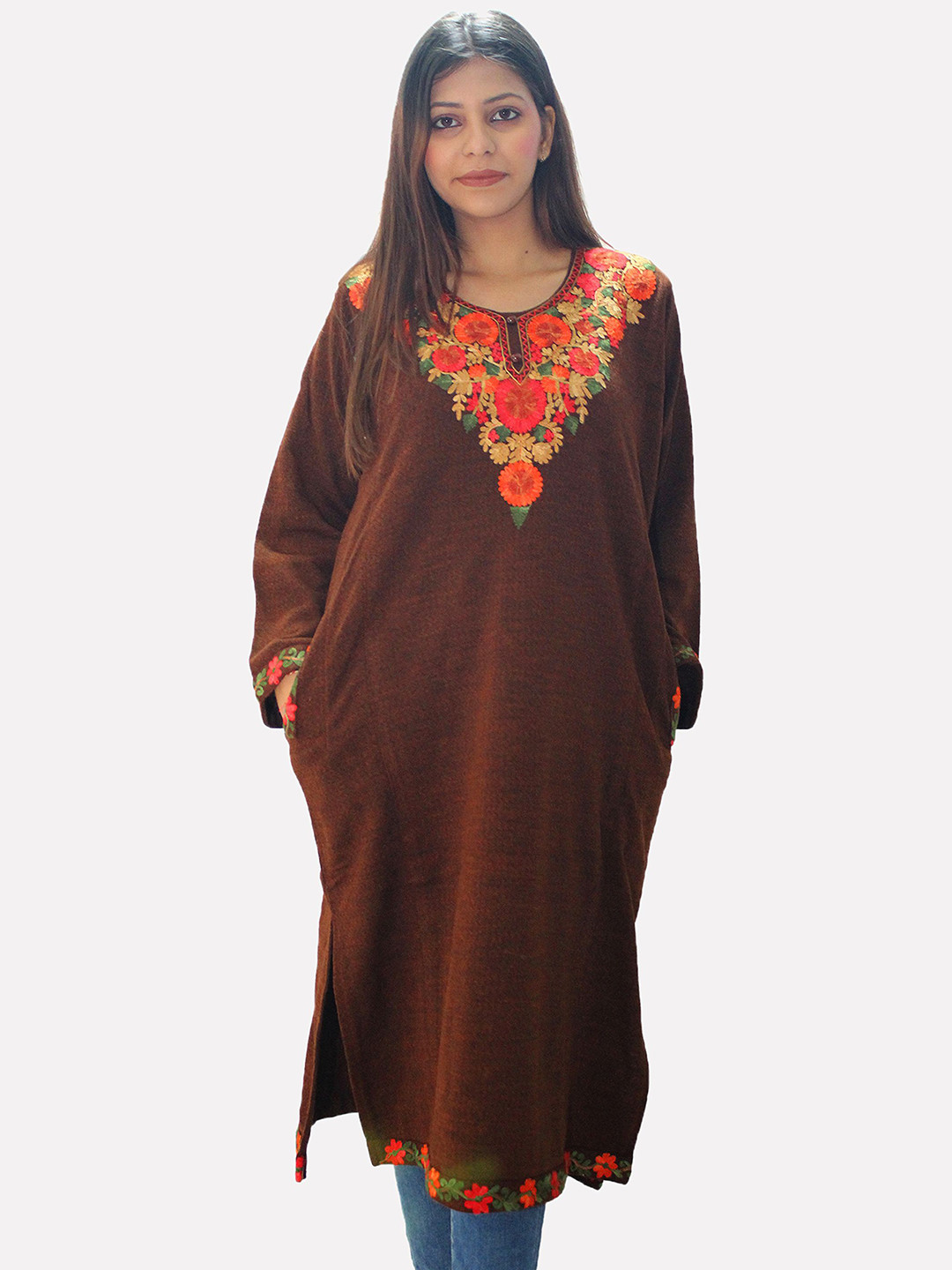 HAUTEMODA Women Floral Embroidered Thread Work Woollen Kaftan Kurta