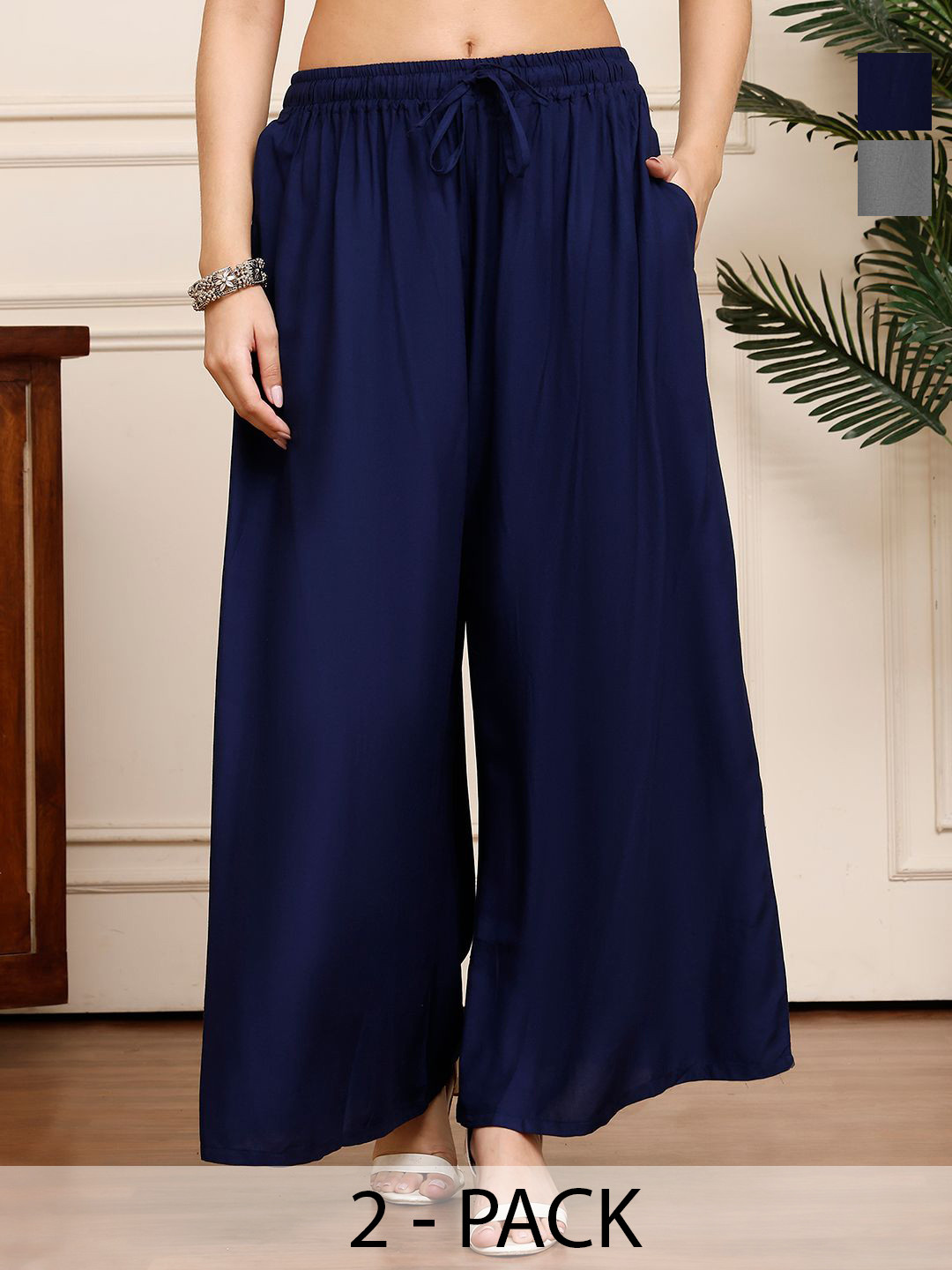 Valles365 by S.C. Women Pack of 2 Solid Regular Western Flared Palazzos