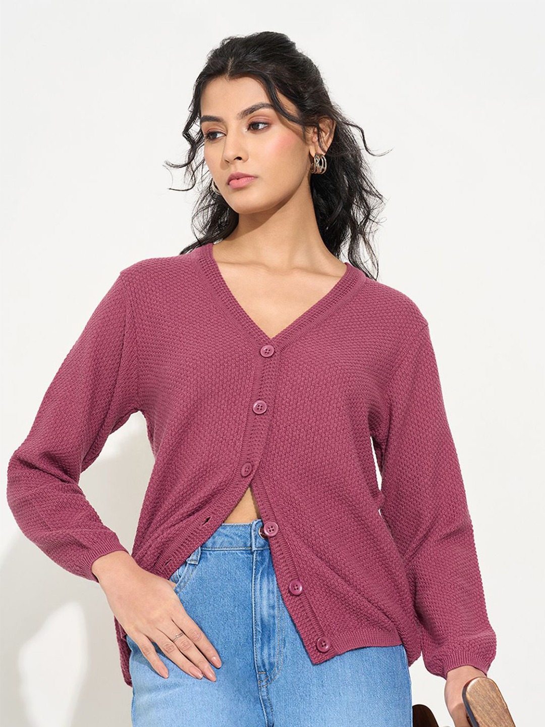 RANGMANCH BY PANTALOONS Women Self Design V-Neck Cardigan Sweater
