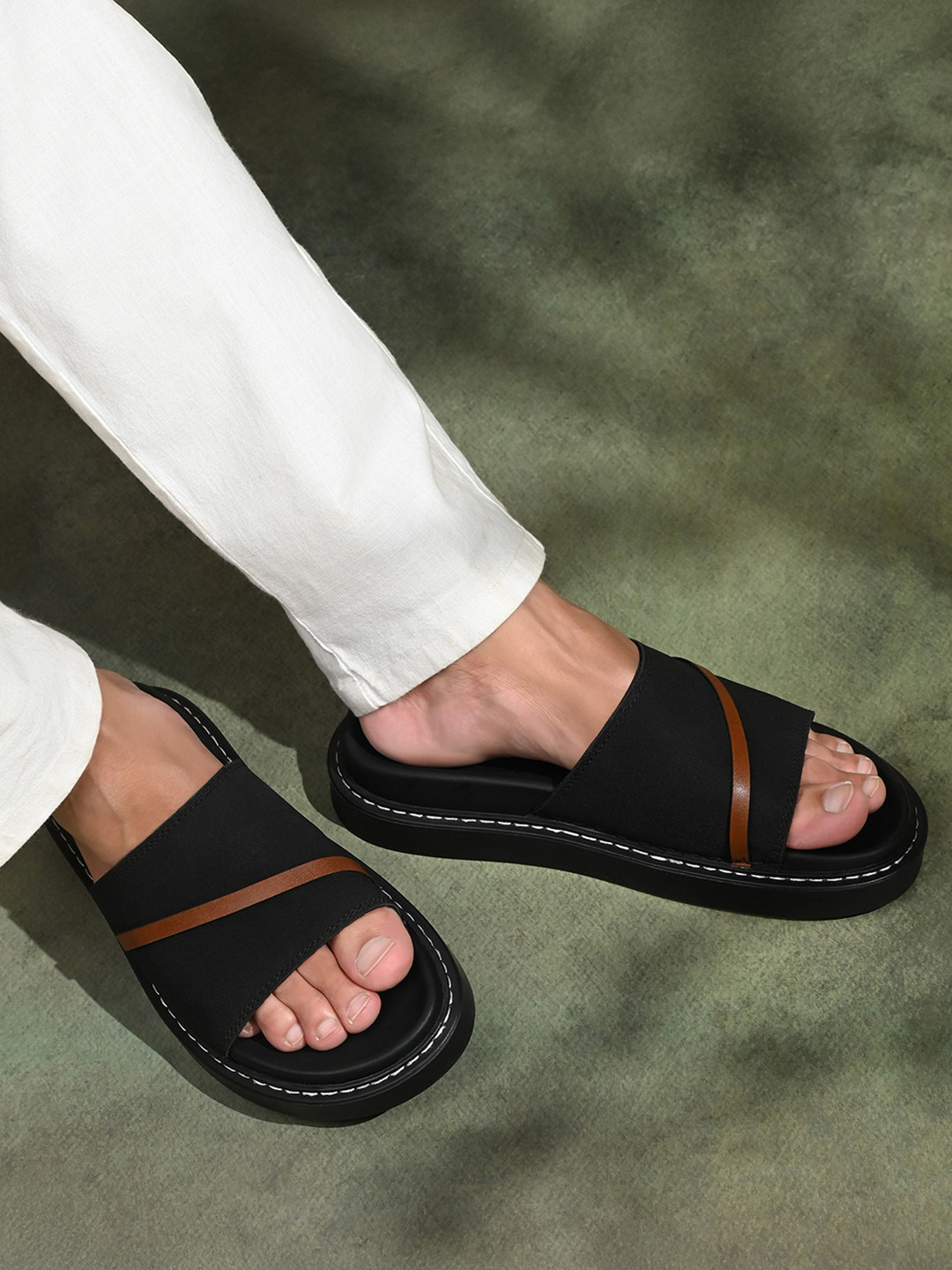 LOUIS STITCH Men Black Casual Slip-On Slides Sandal with PU Cushion Sole