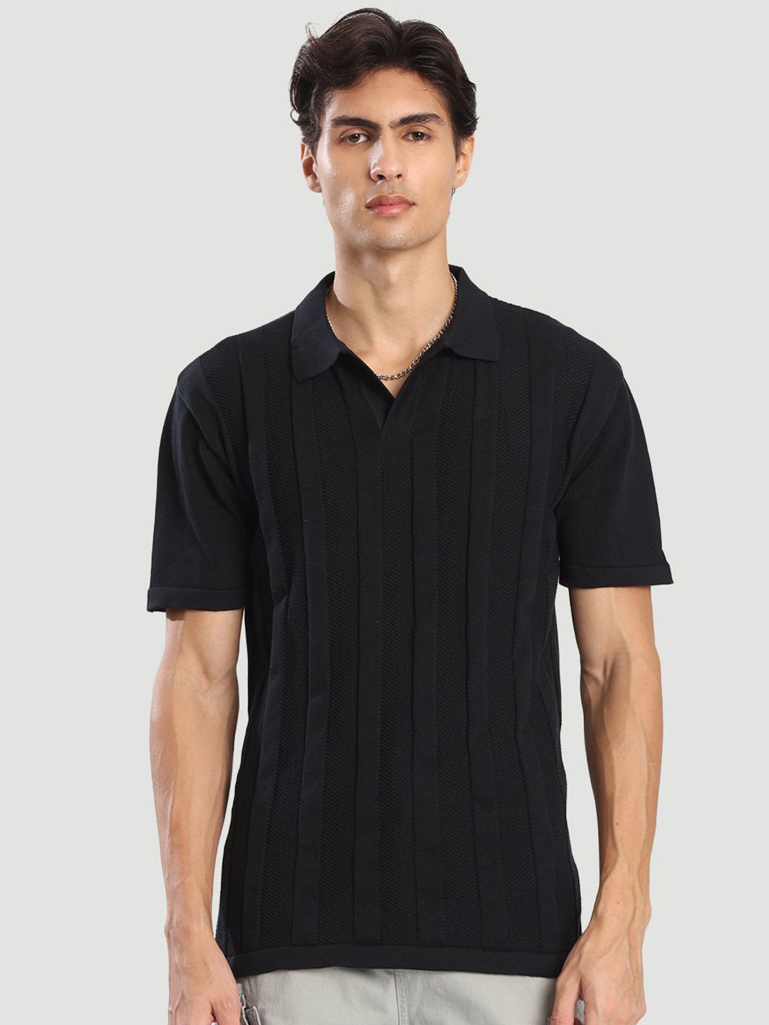The Roadster Lifestyle Co. Striped Self Design Structured Polo Collar Regular Fit T-Shirt