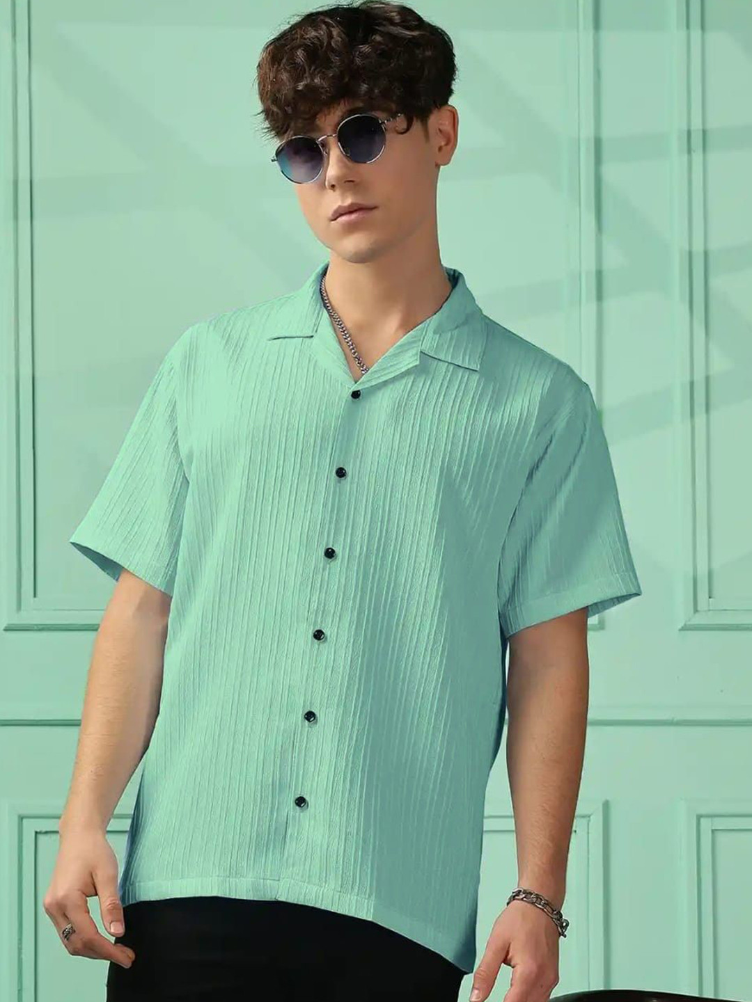 OQUENT Textured Cuban Collar Regular Fit Casual Shirt