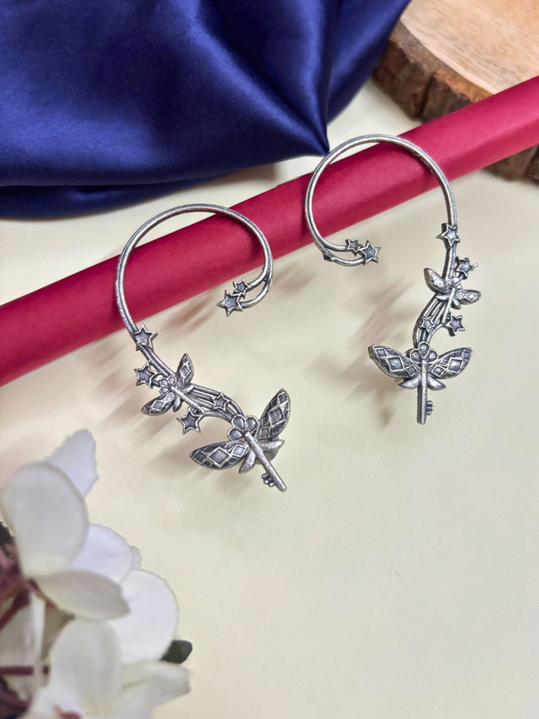 VIVAZS Silver-Plated Oxidised Butterfly Ear Cuffs