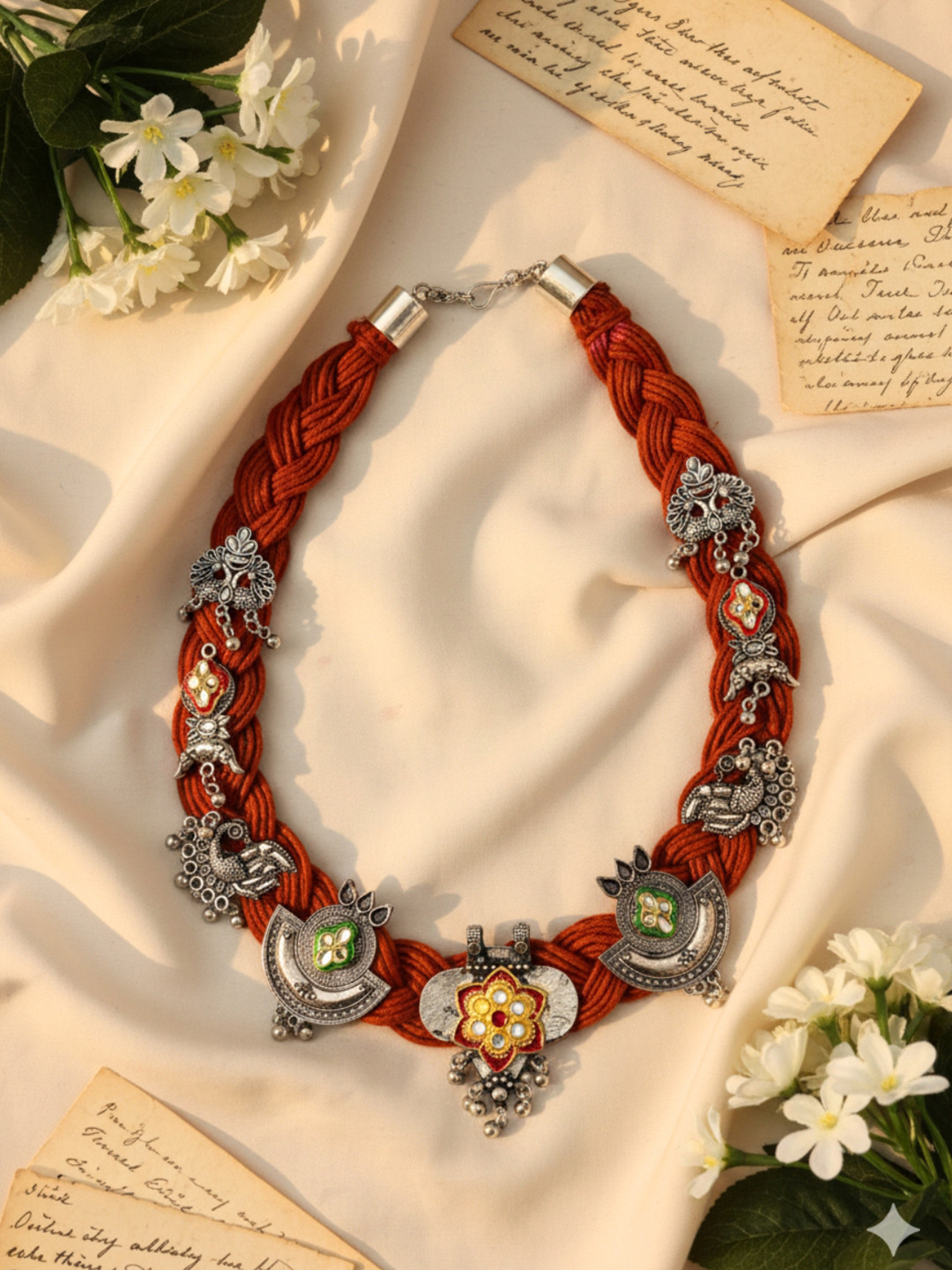 VIVAZS Germam Silver-Plated Kundan Studded & Ghungroo Beaded Oxidised Necklace