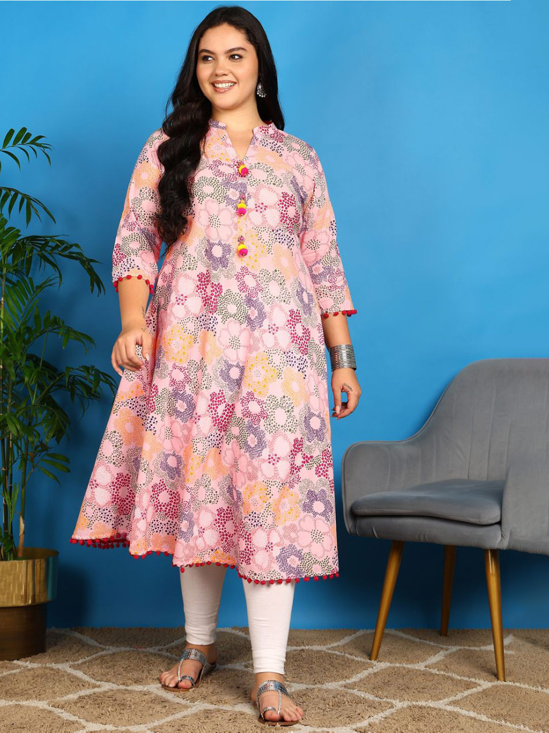 YASH GALLERY Women Floral Printed Mandarin Collar Cotton Anarkali Kurta