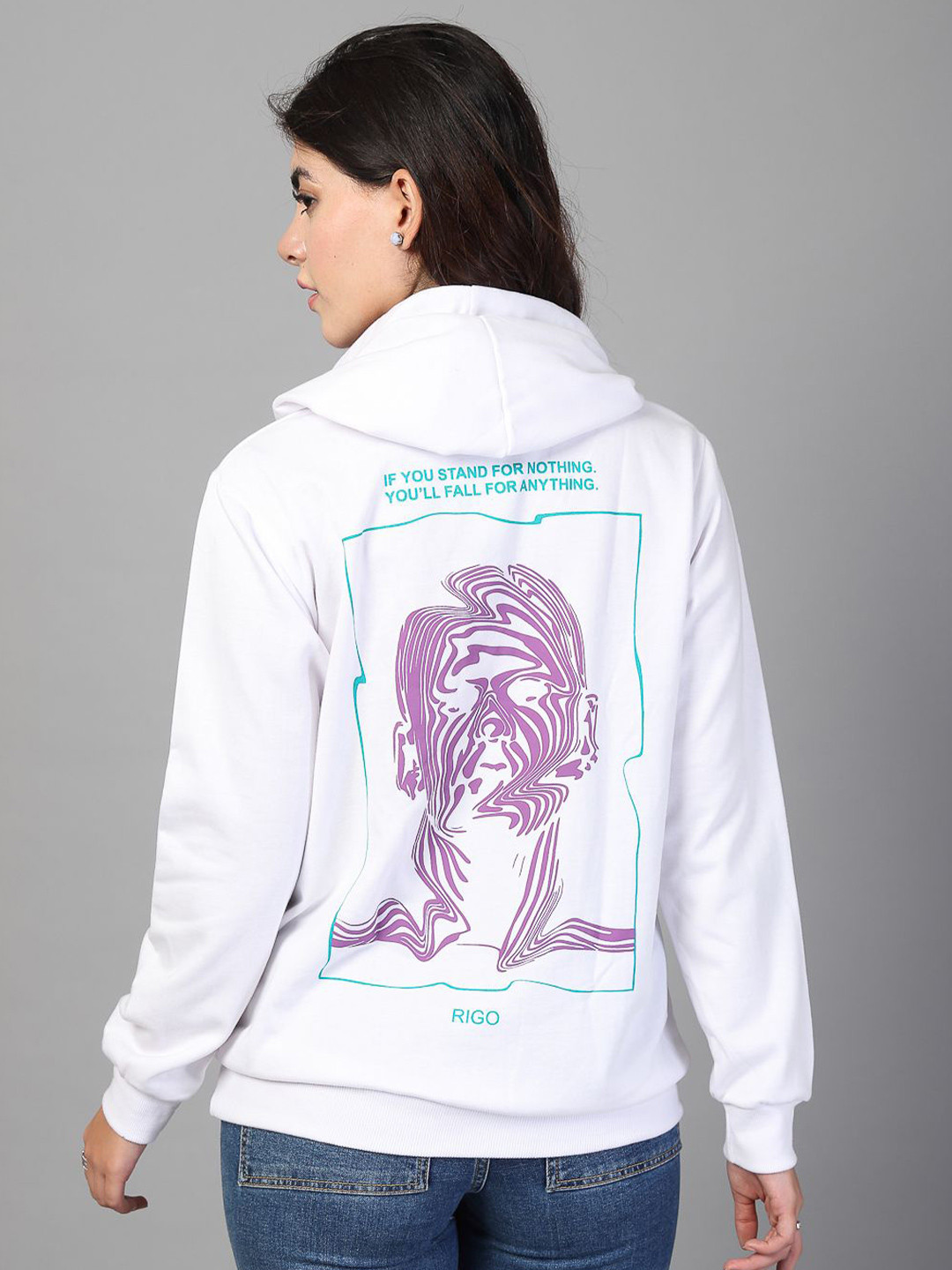 CORSICA Women White Oversized Printed Cotton Hood Sweatshirt