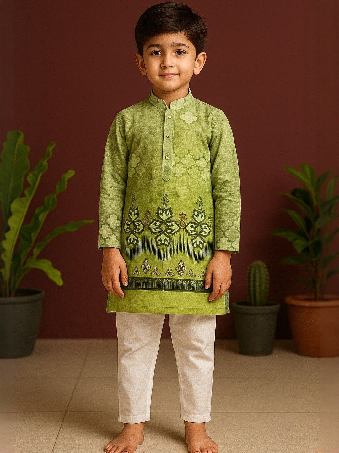 AHLAN APPARELS Boys Ethnic Motifs Printed Band Collar Kurta with Trousers