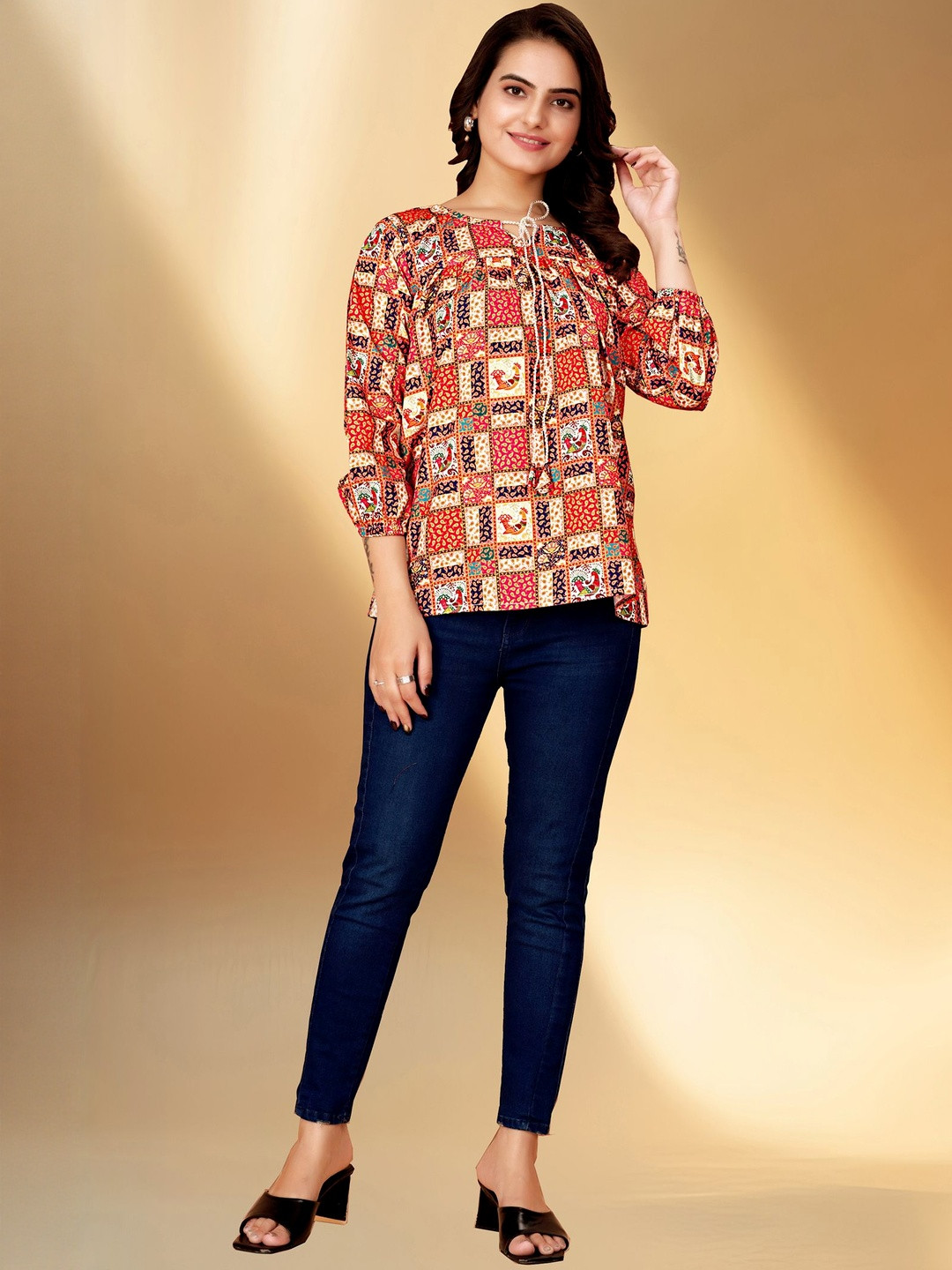 KHANJAN FASHION Women Patchwork Print Tie-Up Neck Cotton Top