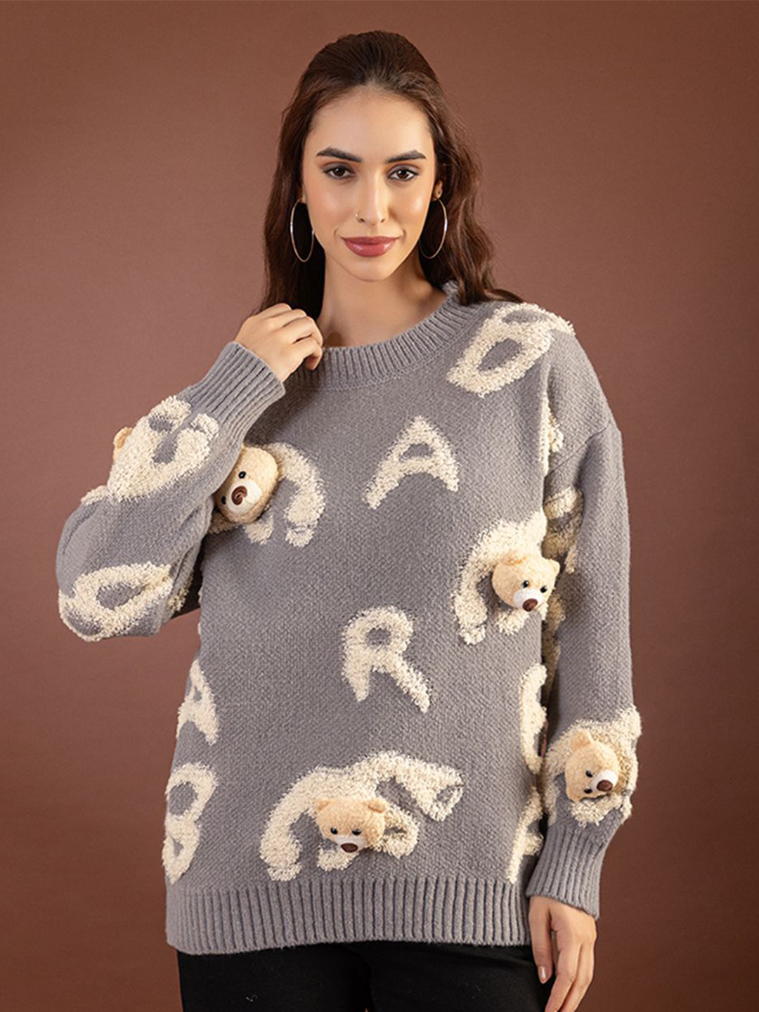 all about you Women Typography Fuzzy Woollen Pullover with Teddy Bear Applique Detail