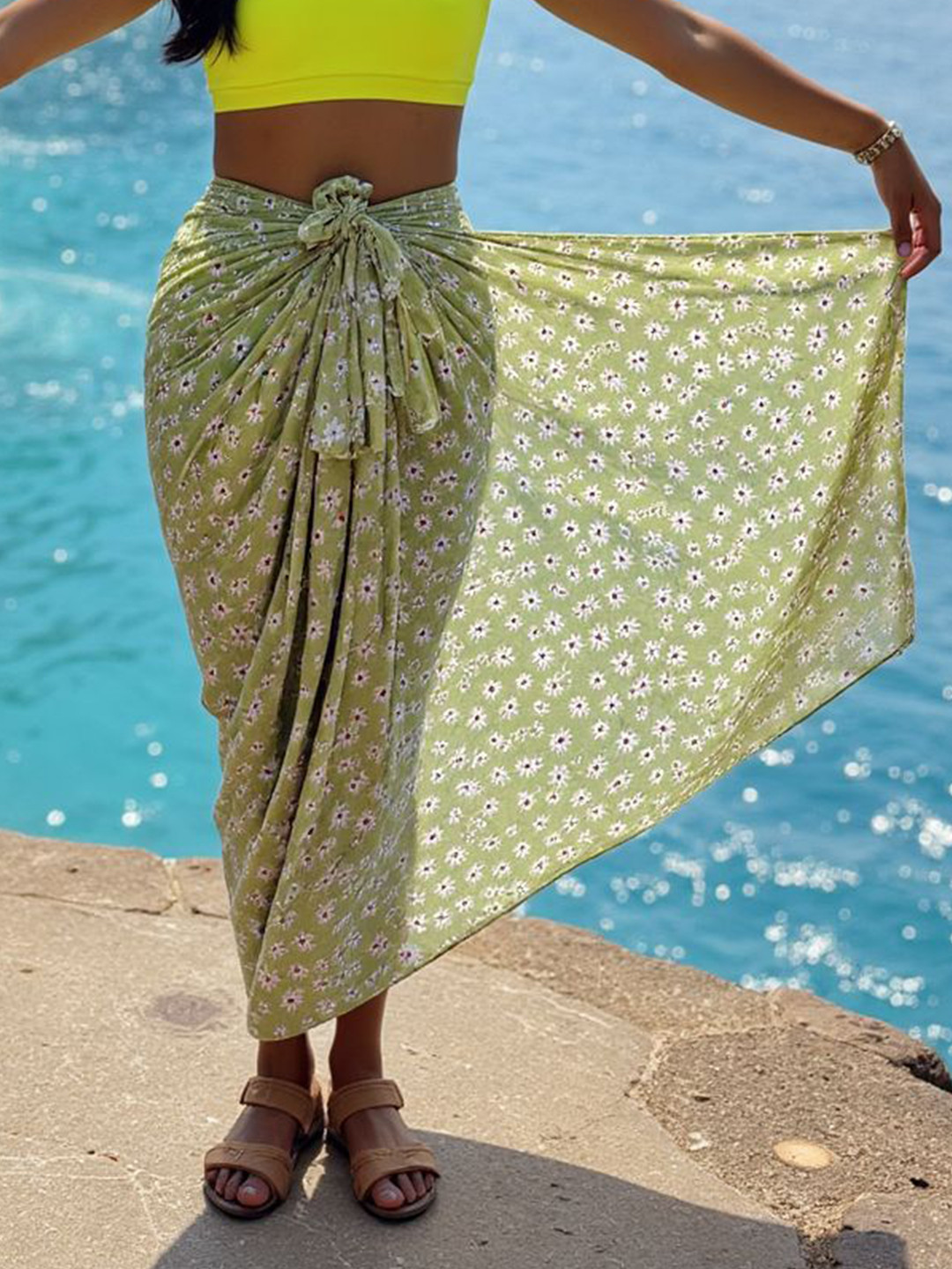 Aoba Green Printed Wrap-Around Swim Cover-Up Sarong