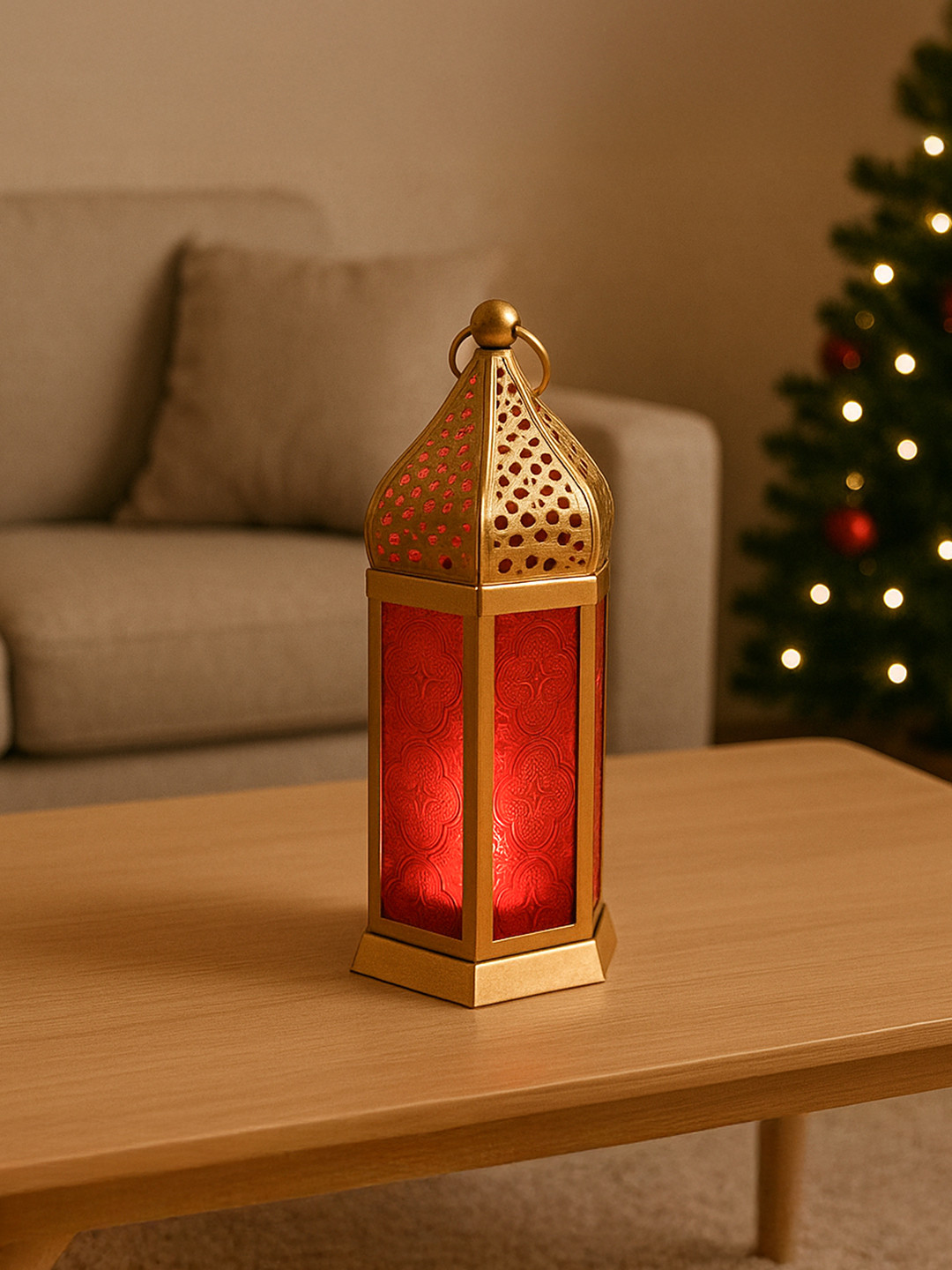 MARKET99 Gold-Toned & Red Embossed Glass Candle Holder