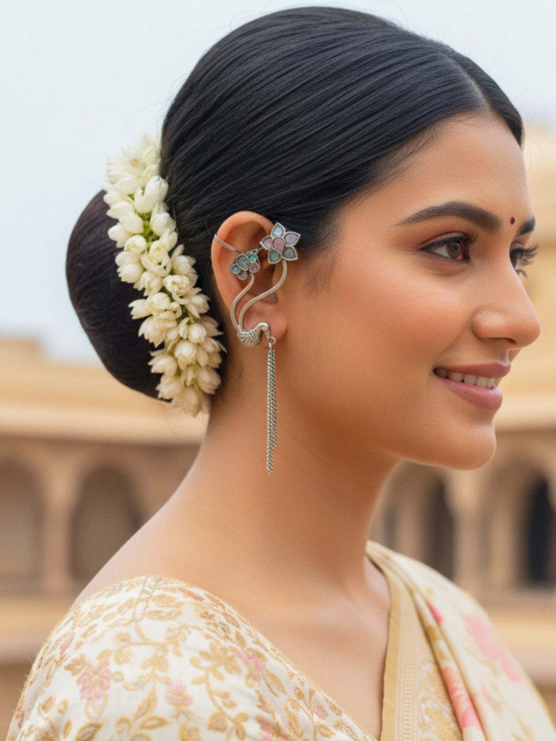 VIVAZS Silver-Plated Artificial Stones Studded And Beaded Oxidised Bird Shaped Ear Cuff