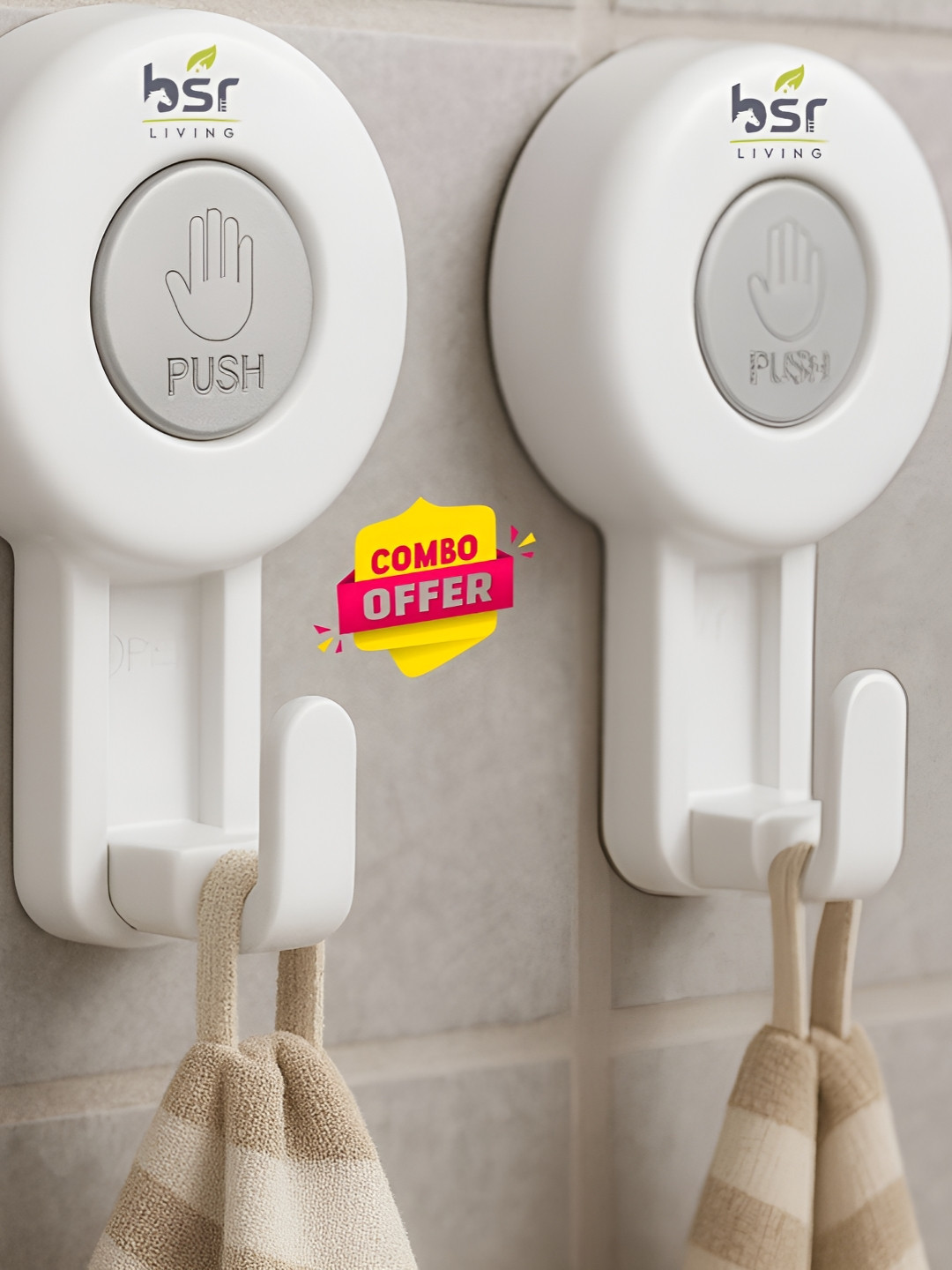 BSR LIVING 2 Pieces White & Grey Suction Hooks