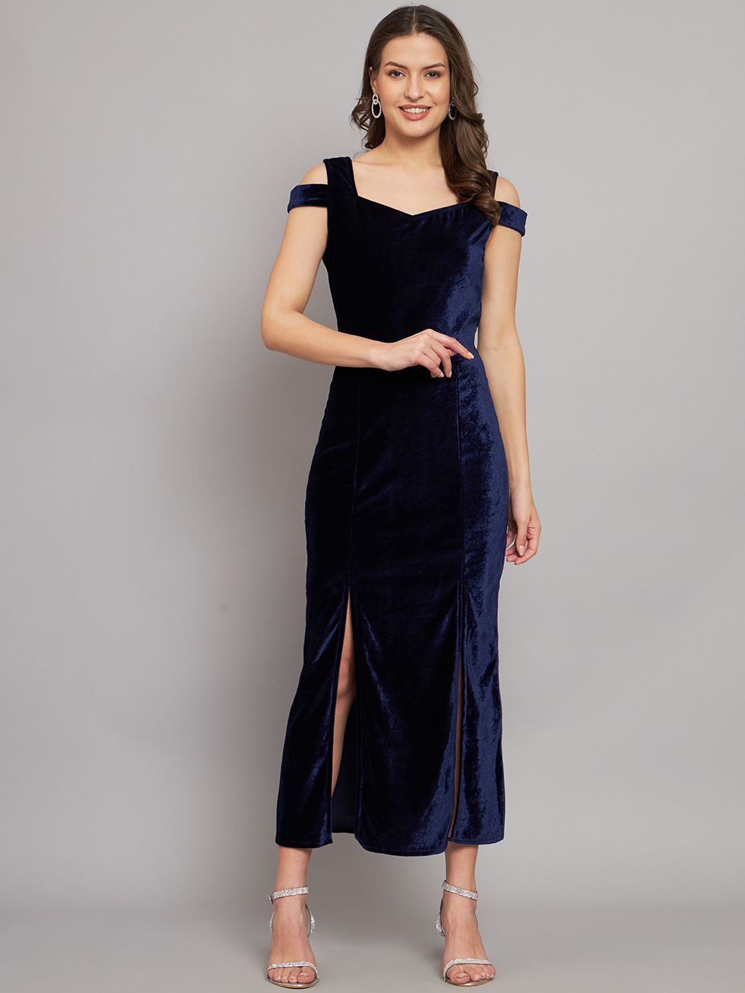 VAARARO Women Slits Shoulder Straps Cold-Shoulder Sleeves Velvet Bodycon Midi Dress