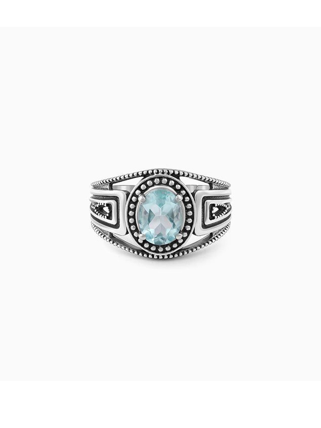 GIVA Men 925 Silver-Plated Oxidised Aquamarine Stone Studded Finger Ring