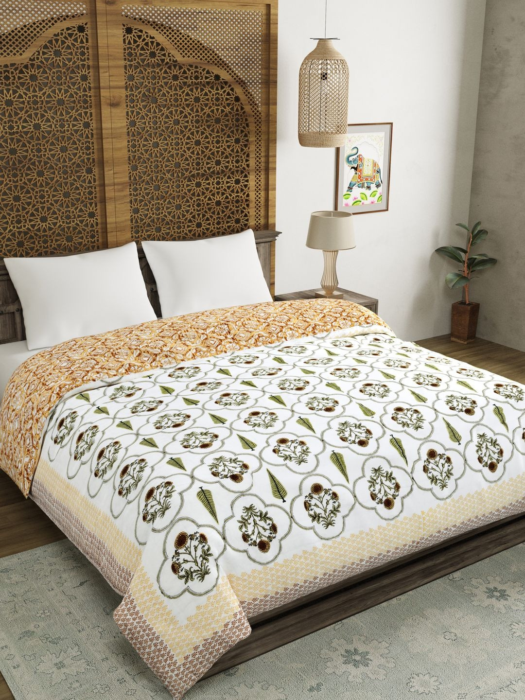 BLOCKS OF INDIA Coffee Brown & White Ethnic Motifs Mild Winter Pure Cotton 350 GSM Quilt
