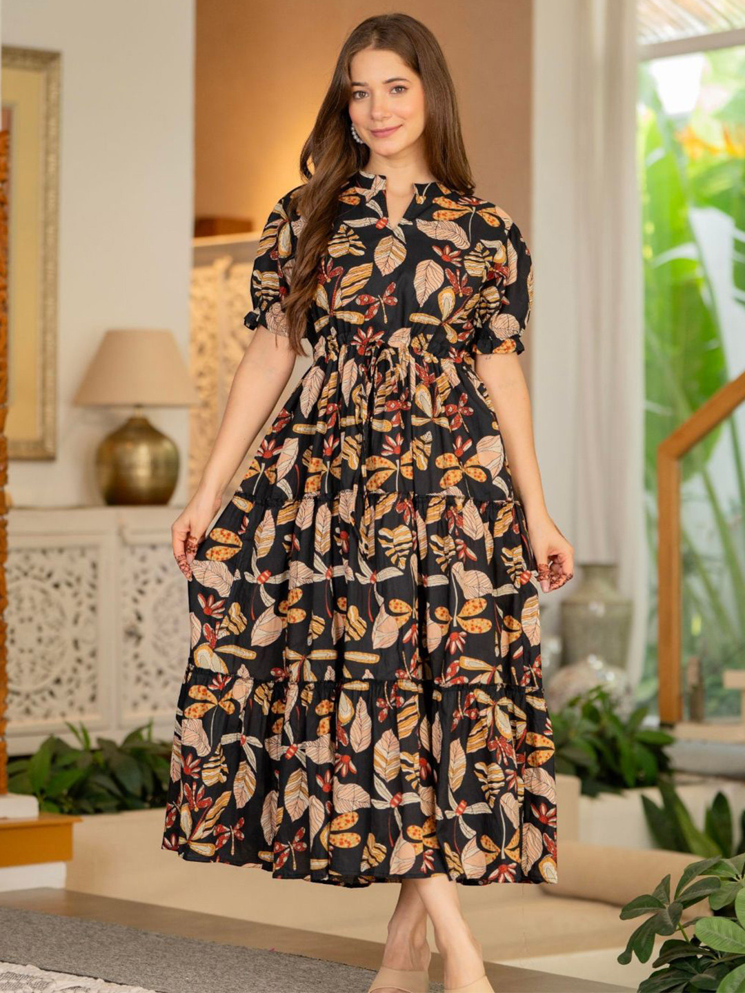 SHOPAXIS Floral Print Puff Sleeve Fit & Flare Maxi Dress
