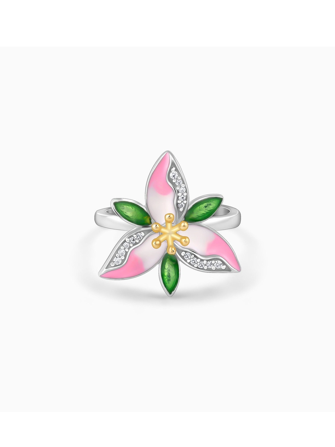 GIVA 925 Silver-Plated Zircon Studded Convertible Pink Trillium Finger Ring