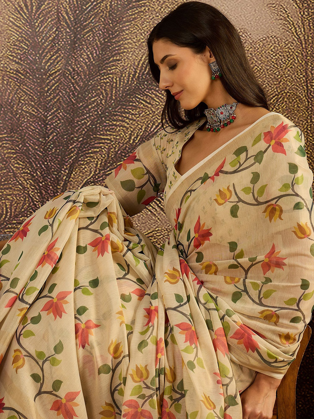 Sangria Floral Printed Silk Cotton Jamdani Zari Saree