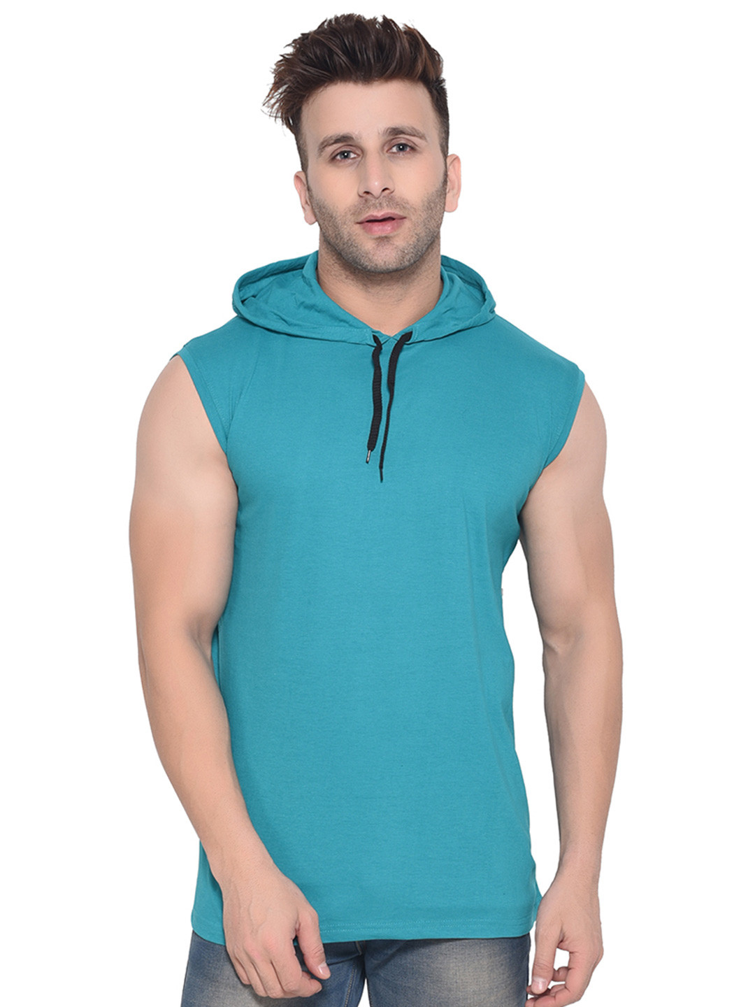BEYOU FASHION Self Design Sleeveless Hooded Slim Fit T-shirt