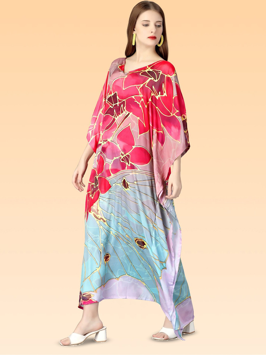 Metronaut Floral Print Kimono Sleeve Kaftan Maxi Dress