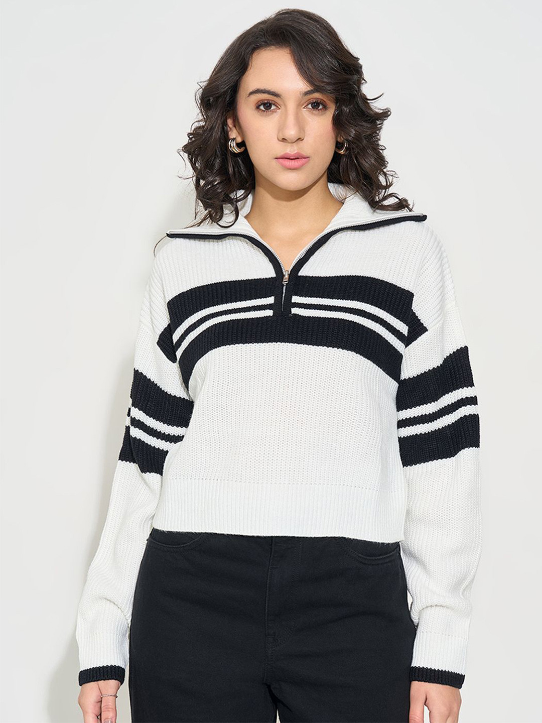 SF JEANS by Pantaloons Women Striped Half Zipper Long Sleeves Pullover