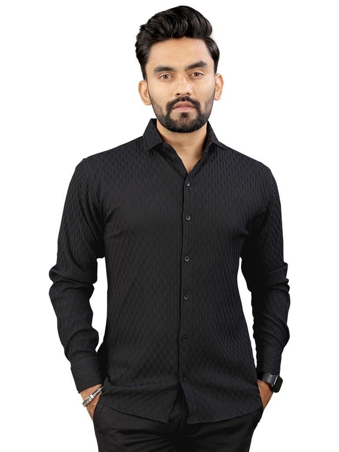 OQUENT Textured Spread Collar Standard Casual Shirt