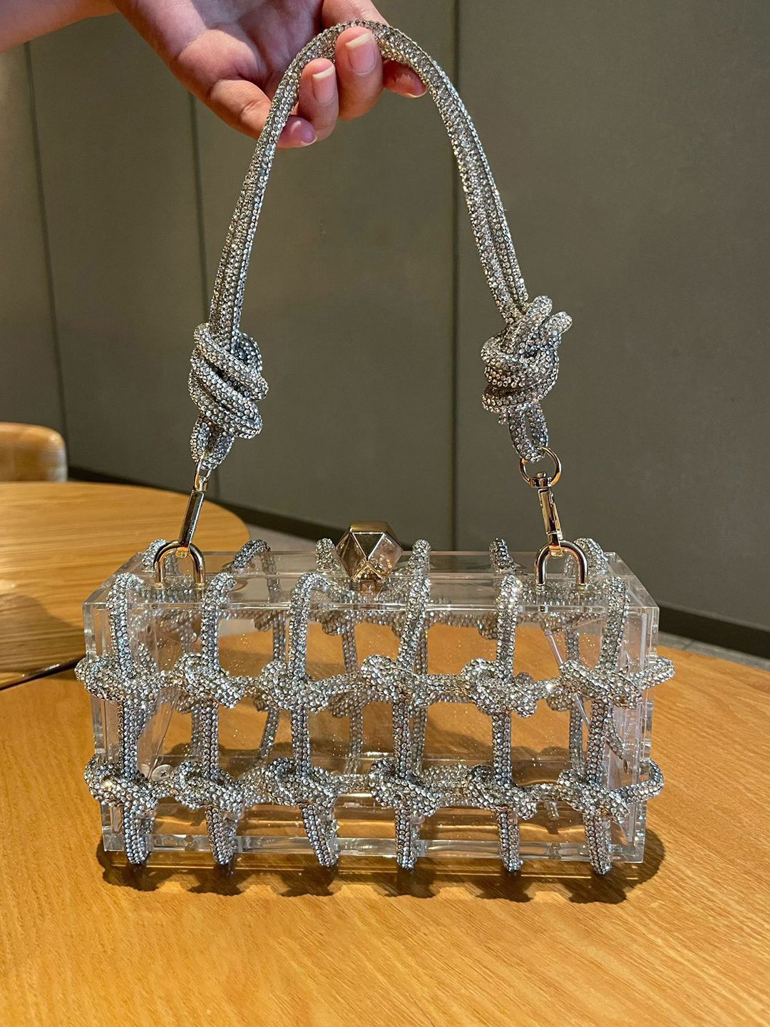 bebe Embellished Woven Shiny Transparent Box Evening Handheld Bag