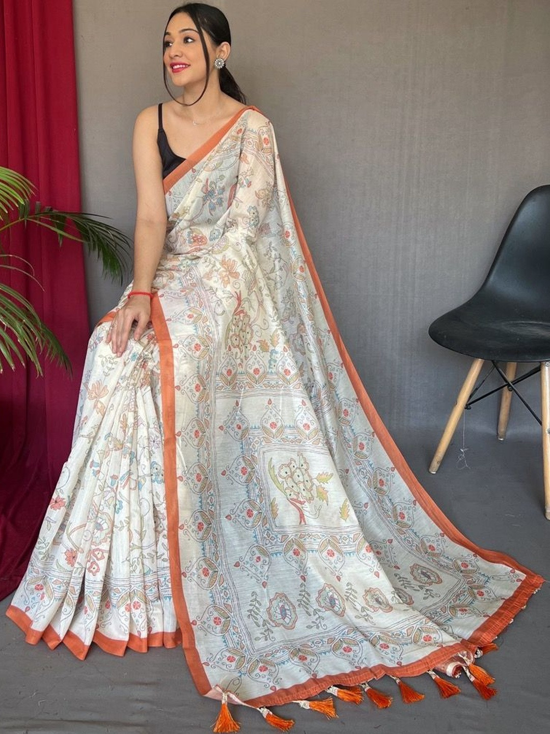 Tasarika Kalamkari Printed Kantha Work Cotton Saree with Blouse Piece